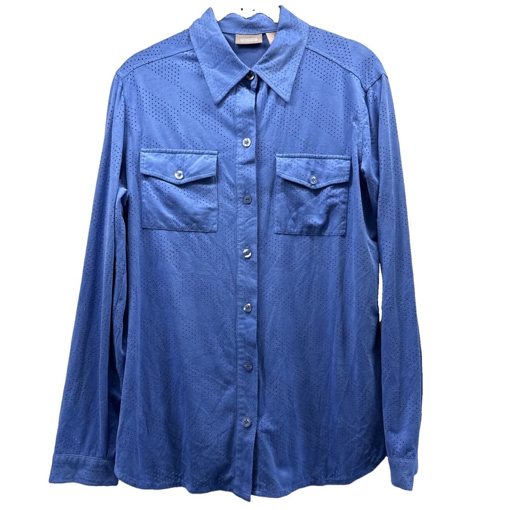 Chicos Women's Top Size Med Solid Blue Button Up Brushed Soft Long Sleeve Slits